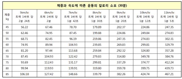 체중과 속도에 따른 트랙 유산소 운동의 칼로리 소모_30분.jpg