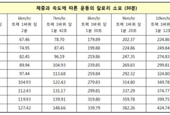 스포츠 컴플렉스 트랙 유산소 운동에 따른 체중, 속도 별 열량 소모